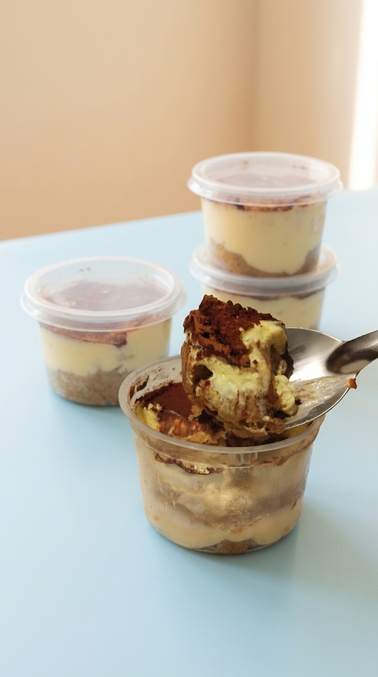 Tiramisú Sauco servido con cacao y cuchara