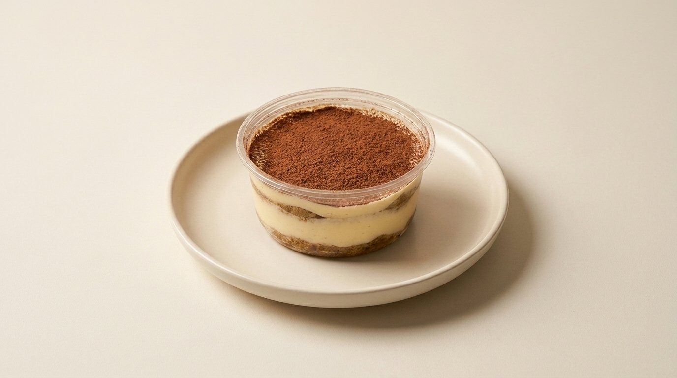 Pote individual de tiramisú Sauco sobre un plato claro